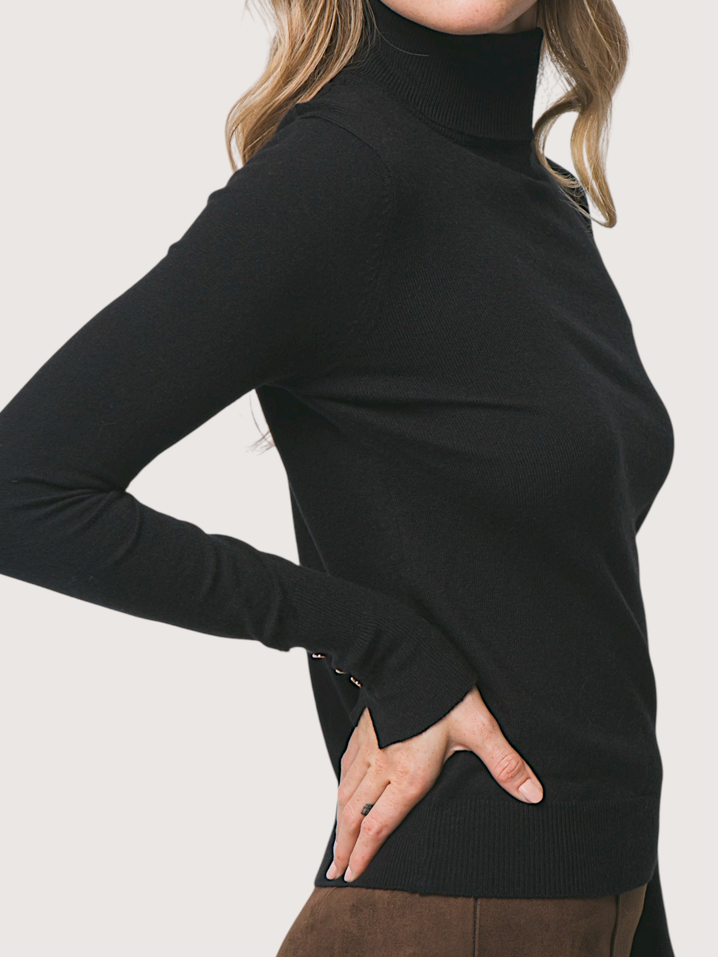 Gold Button LS Turtleneck | Black