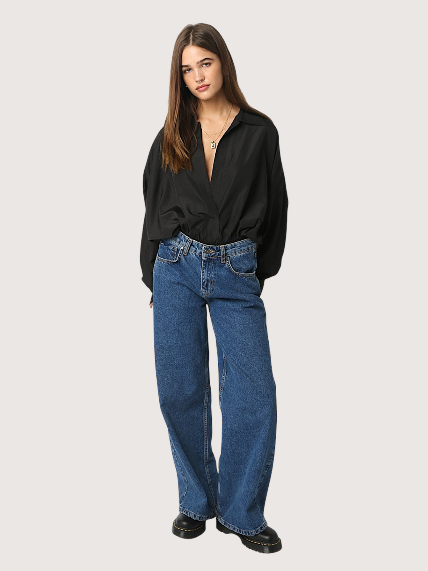 Deep V Collared Bodysuit | Black