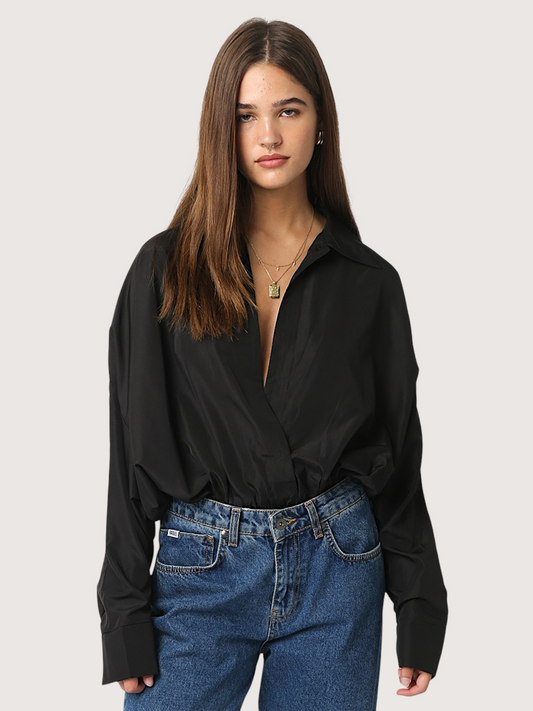 Deep V Collared Bodysuit | Black