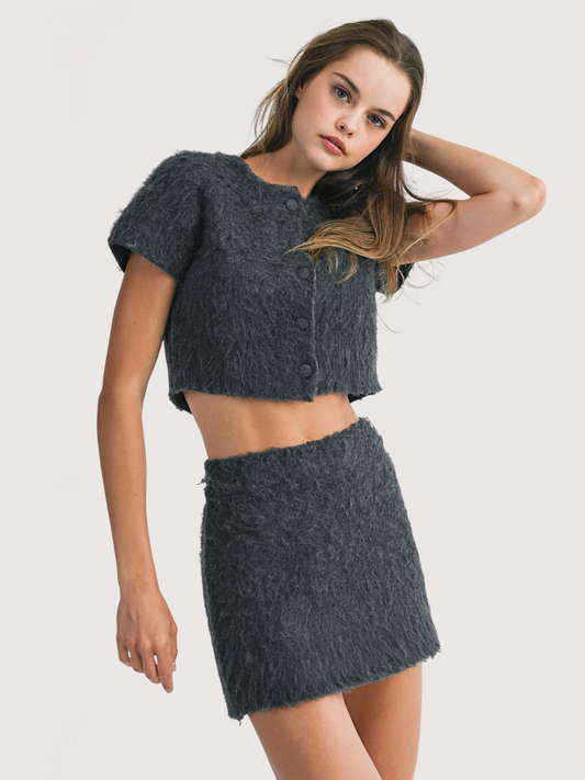 Fuzzy Knit Flared Skirt | Grey