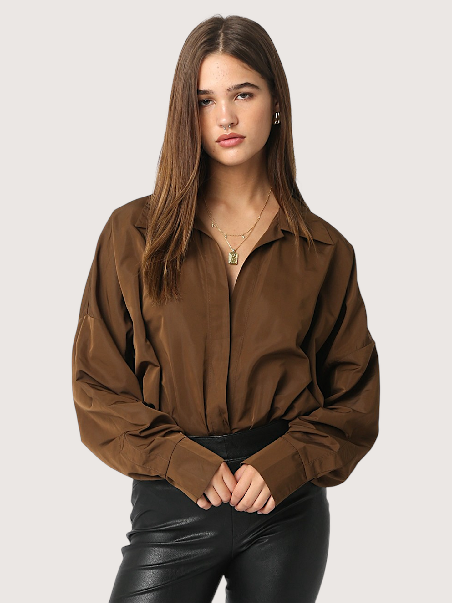 Deep V Collared Bodysuit | Brown