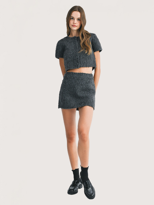 Fuzzy Knit Flared Skirt | Grey