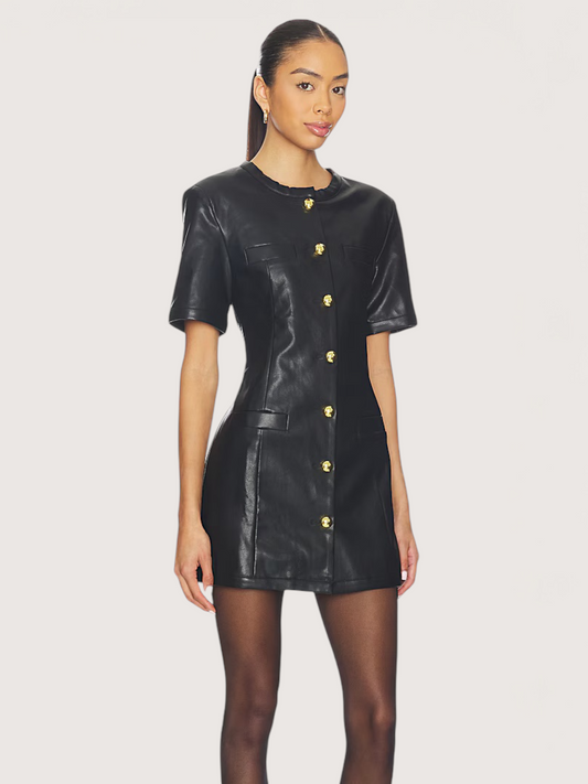 Gold Button Leather Dress