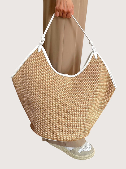 Leather Trim Raffia Tote