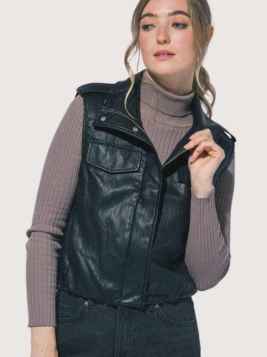 Funnel Neck Leather Vest | Black