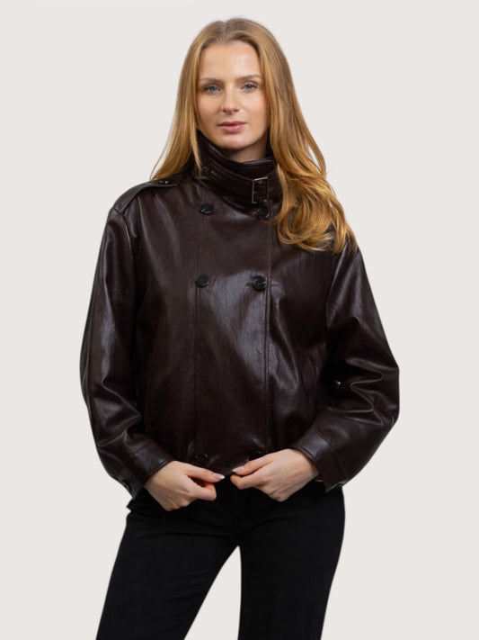 High Neck Leather Jacket | Brown