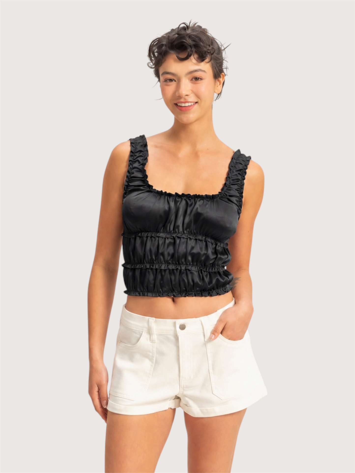 Satin Ruched Tank | Black