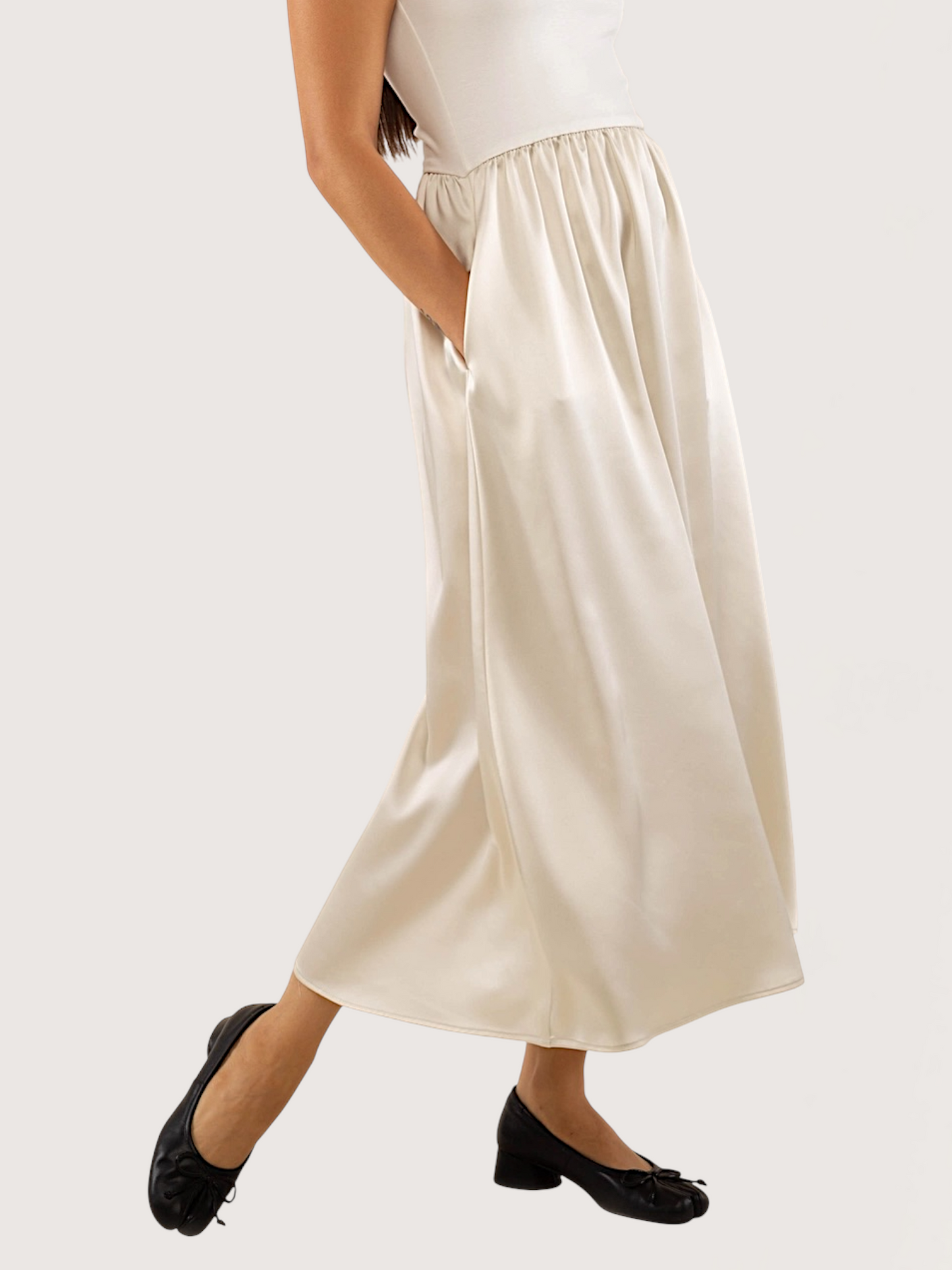 Contrast Satin Midi Dress | Ivory