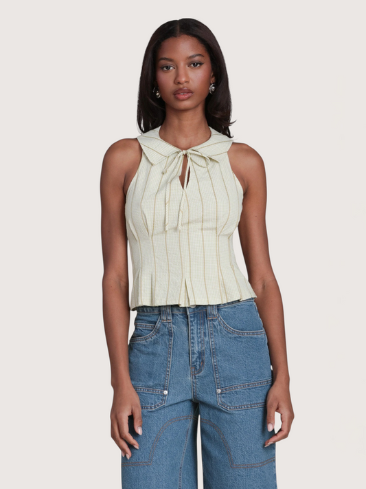 Striped Gingham Collared Tiop