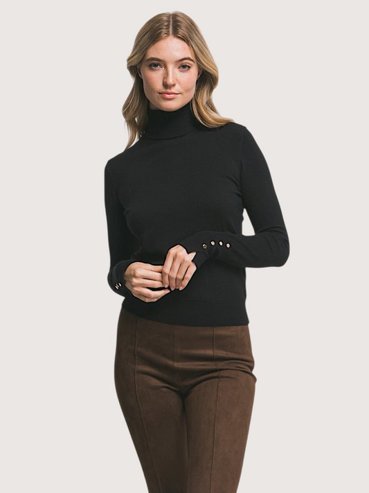 Gold Button LS Turtleneck | Black