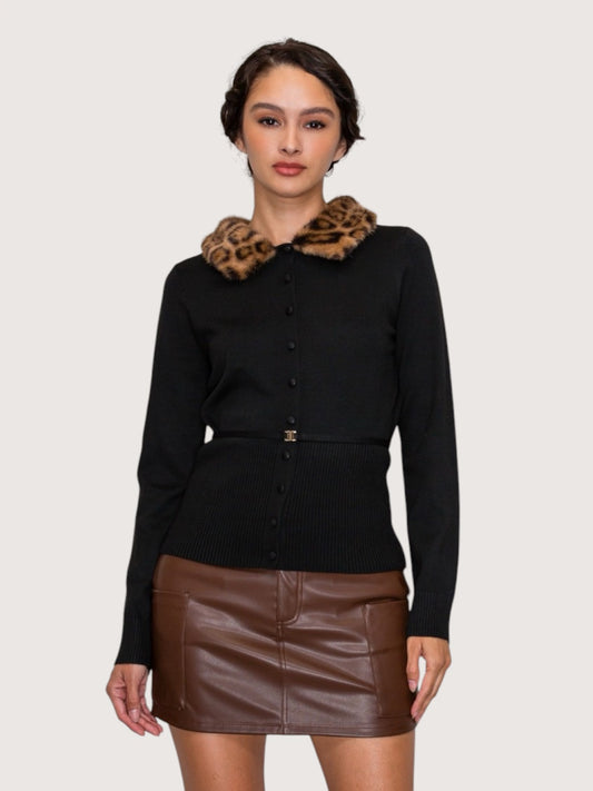 Fur Collar Belted Sweater