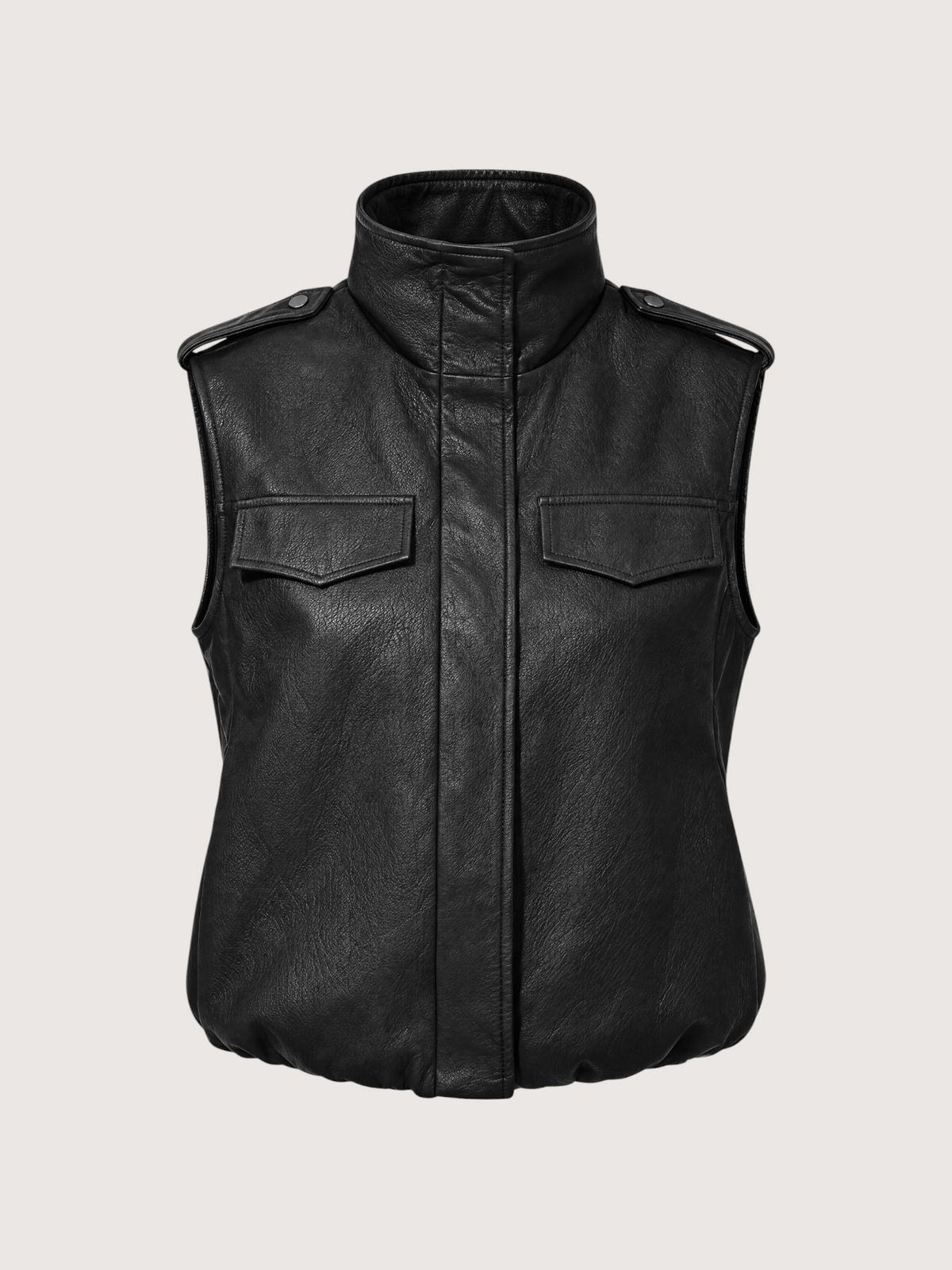 Funnel Neck Leather Vest | Black