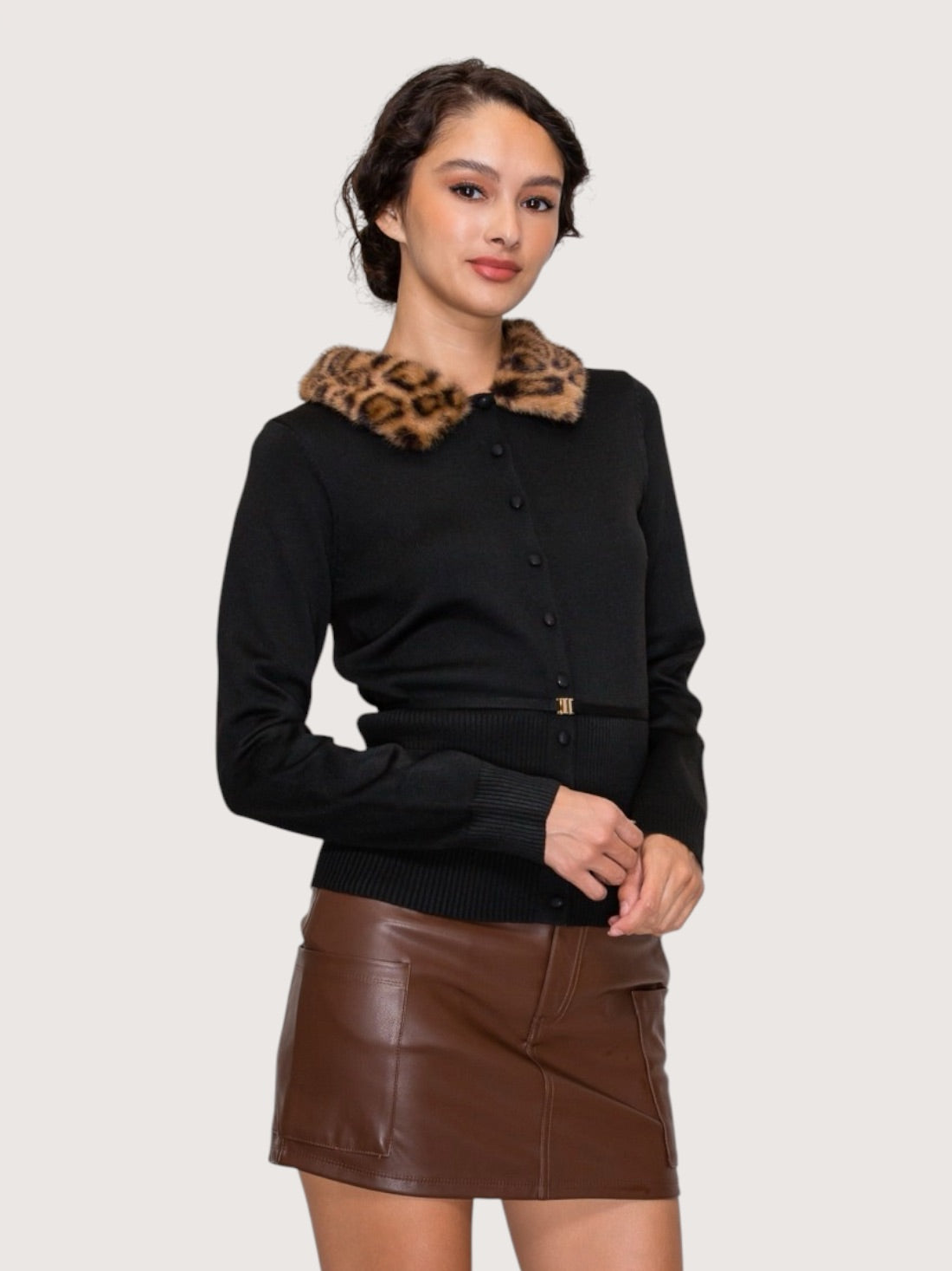 Fur Collar Belted Sweater