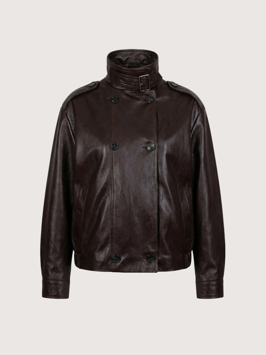 High Neck Leather Jacket | Brown