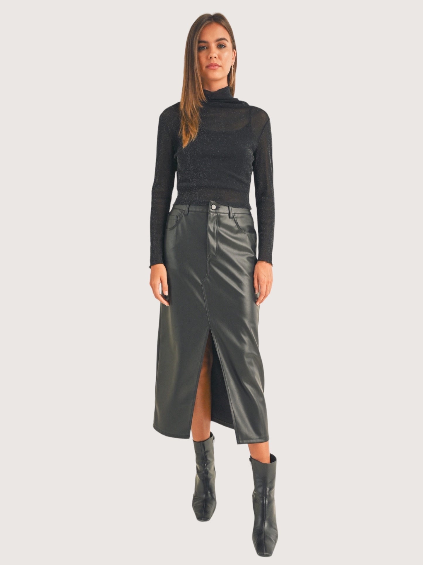 Faux Leather Slit Front Skirt