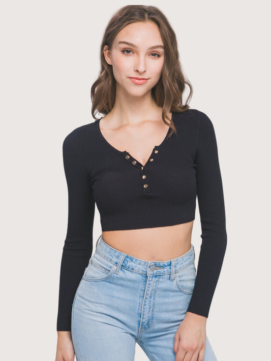 Cropped Ribbed Knit Snap Top