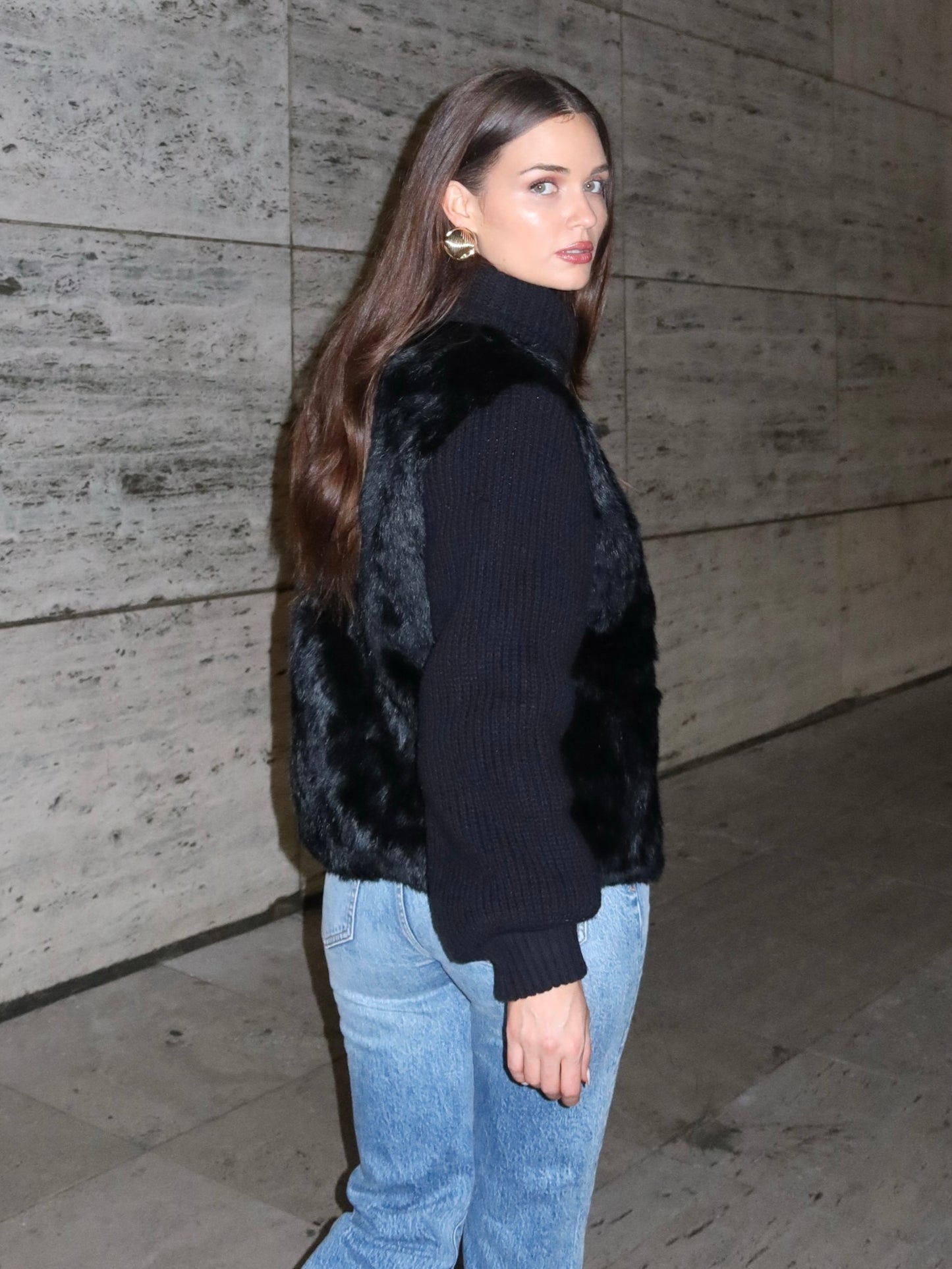 Knit Sleeve Fur Jacket