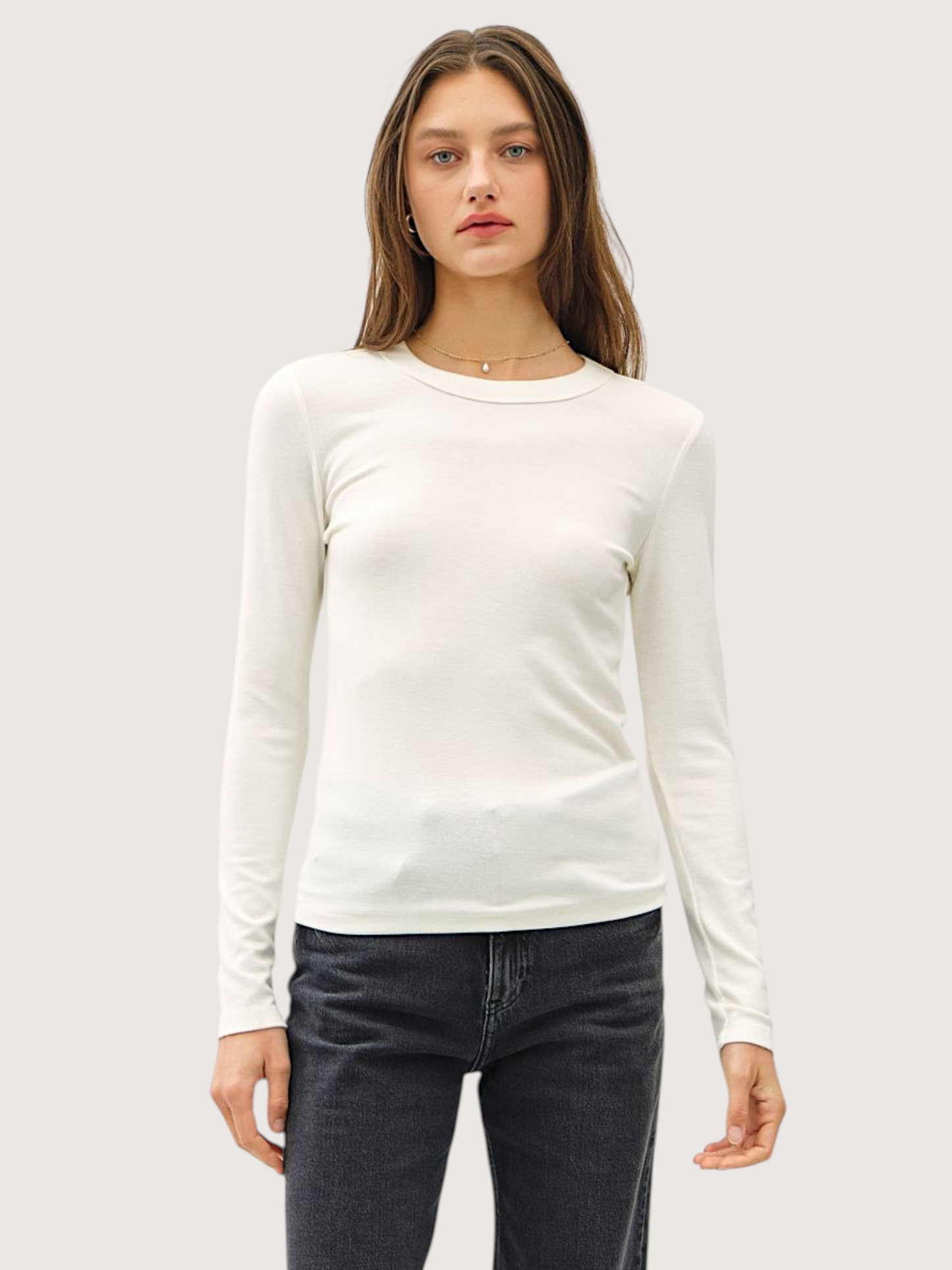 Rounded Neckline LS Top | White