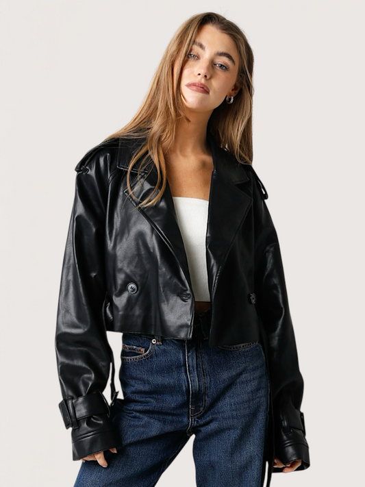Cropped Leather Trench Coat