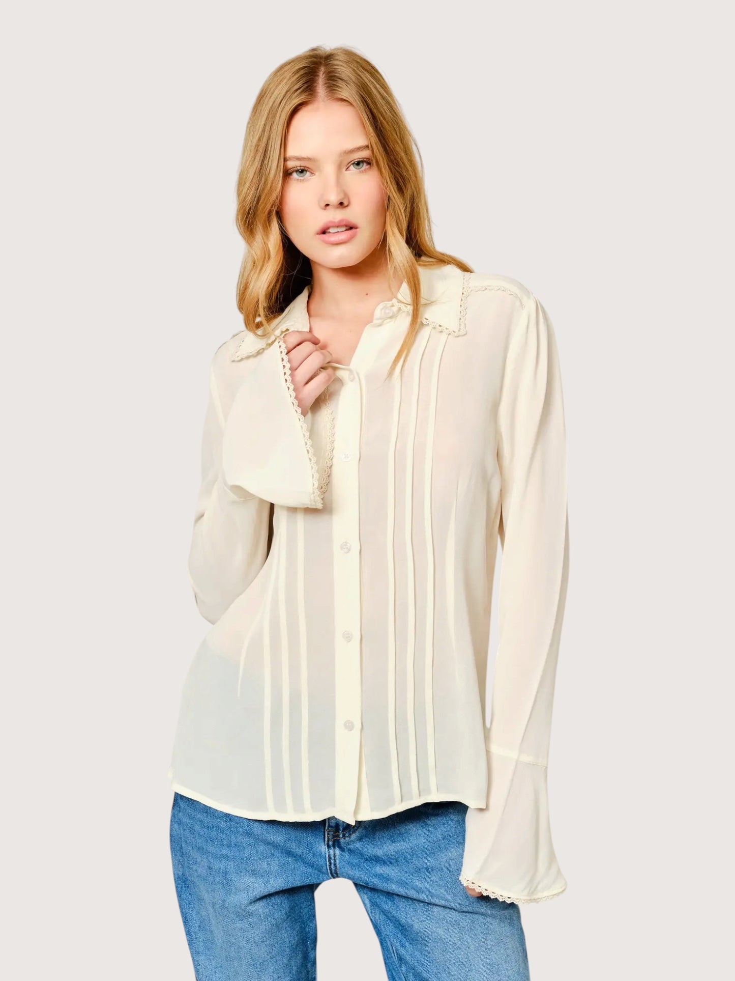 Lace Trim Pintuck Blouse
