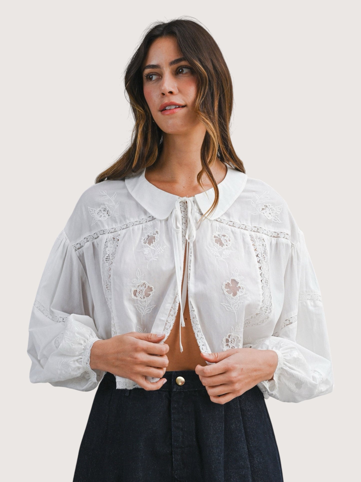 Embroidered Tie Front Blouse