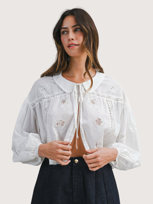 Embroidered Tie Front Blouse