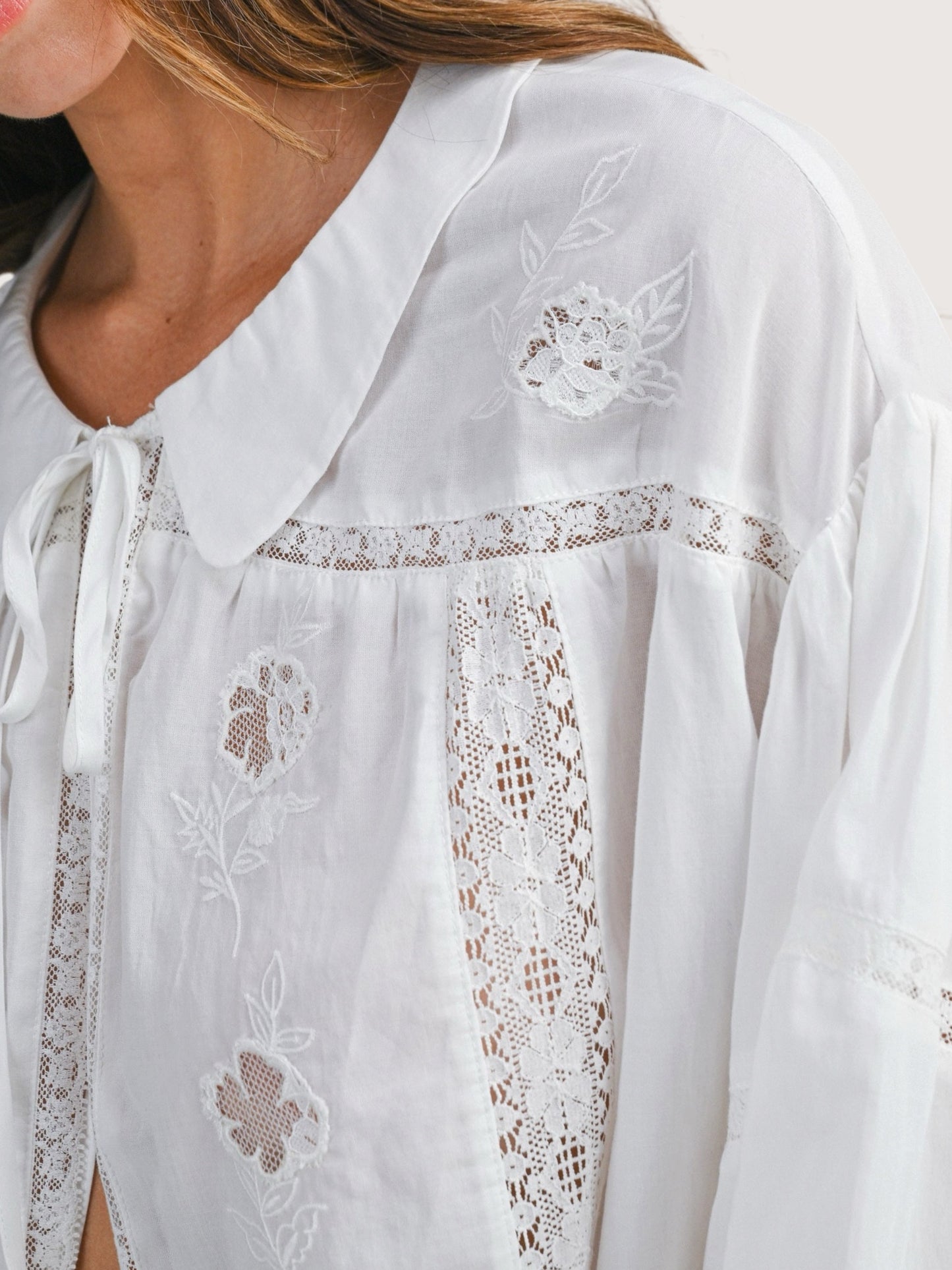 Embroidered Tie Front Blouse