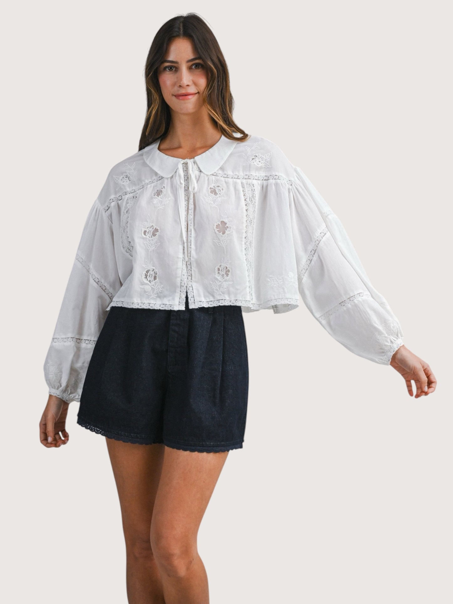 Embroidered Tie Front Blouse