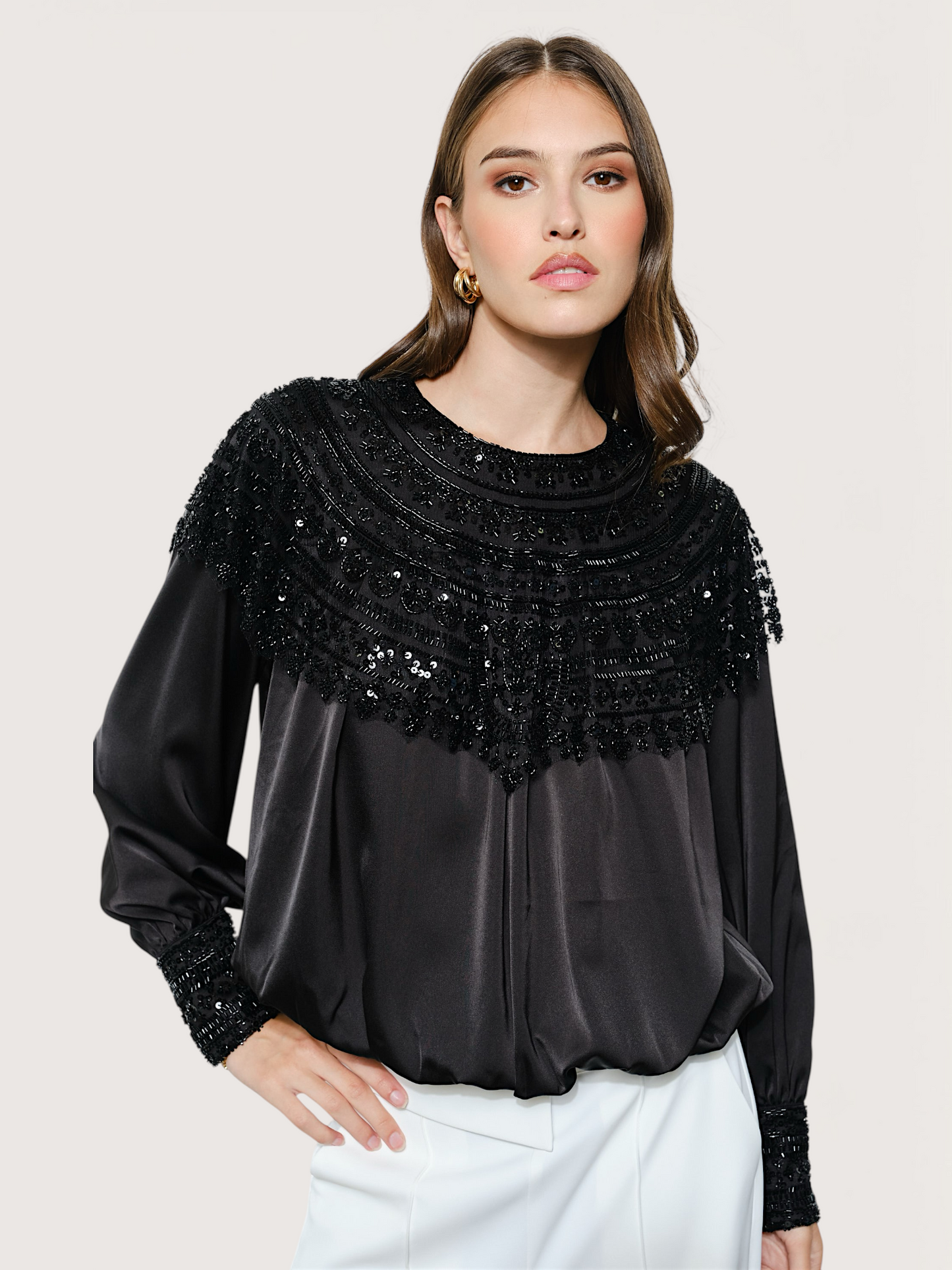 Beaded Collar Satin Blouse