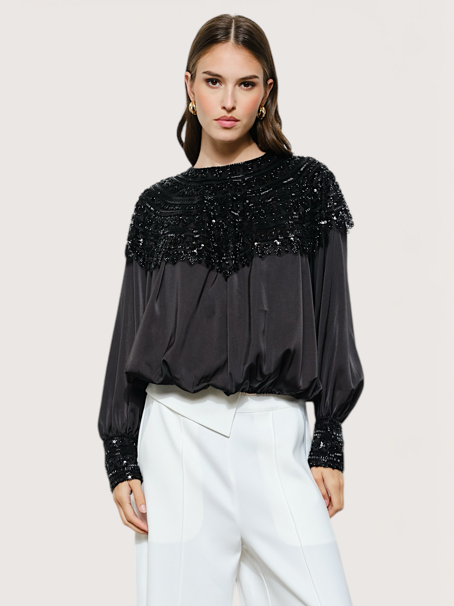 Beaded Collar Satin Blouse