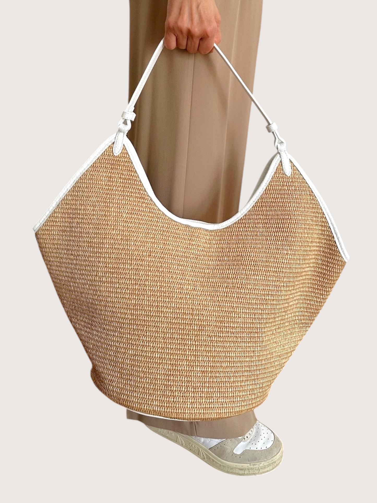 Leather Trim Raffia Tote