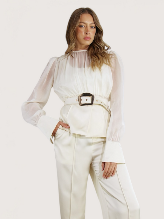 Sheer Belted Peplum Blouse