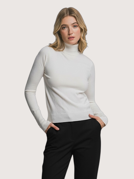 Gold Button LS Turtleneck | Ivory