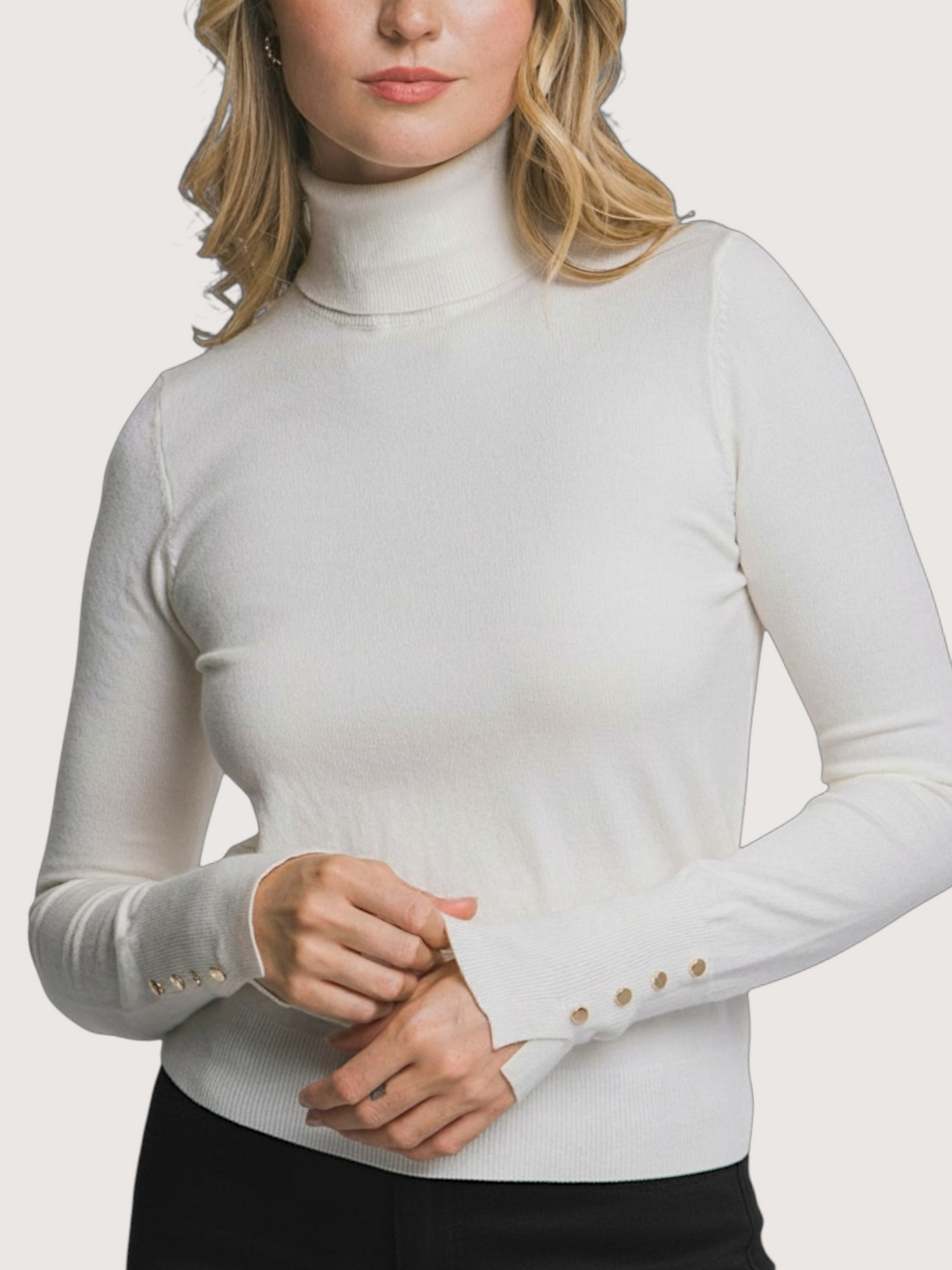 Gold Button LS Turtleneck | Ivory