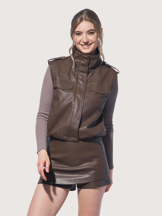 Funnel Neck Leather Vest | Brown
