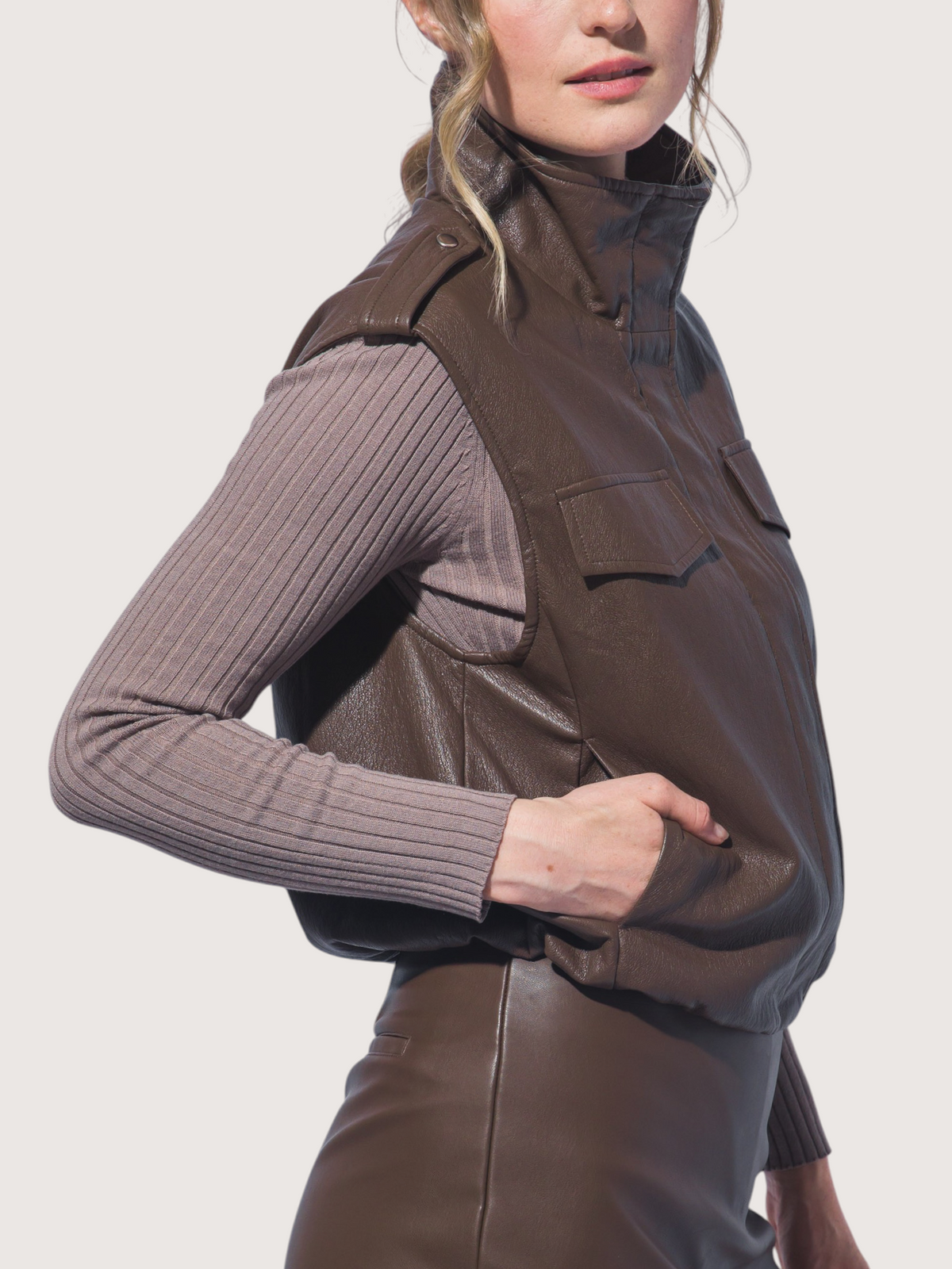 Funnel Neck Leather Vest | Brown