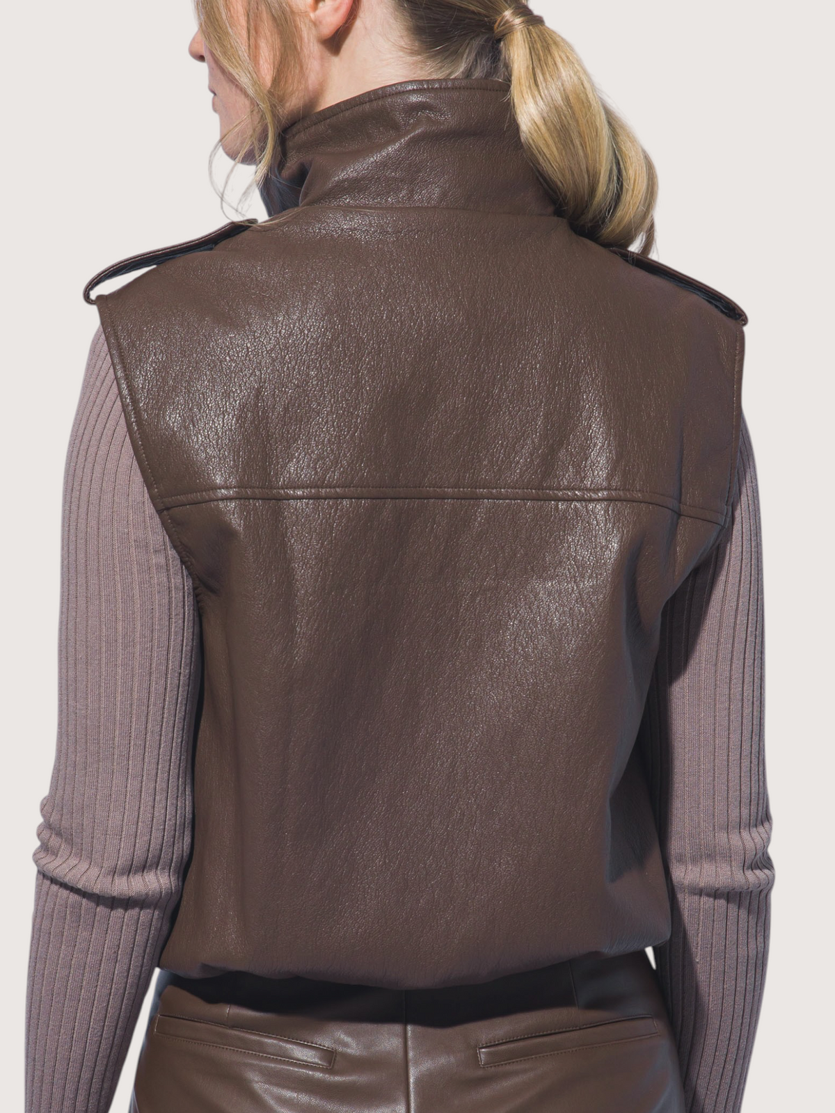 Funnel Neck Leather Vest | Brown