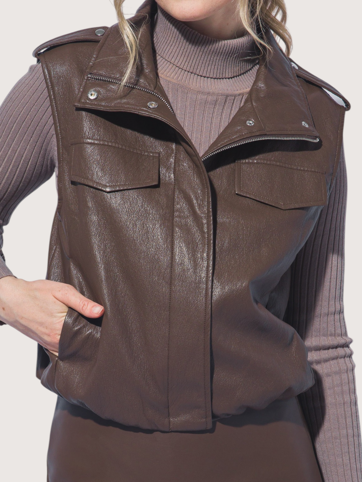 Funnel Neck Leather Vest | Brown