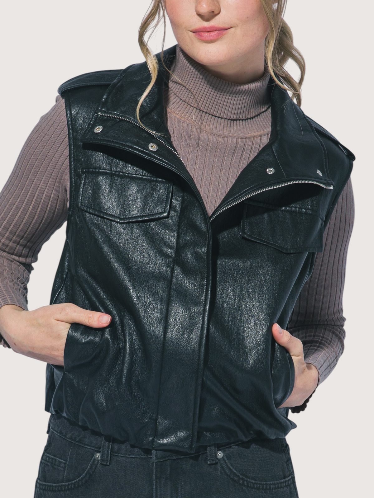 Funnel Neck Leather Vest | Black