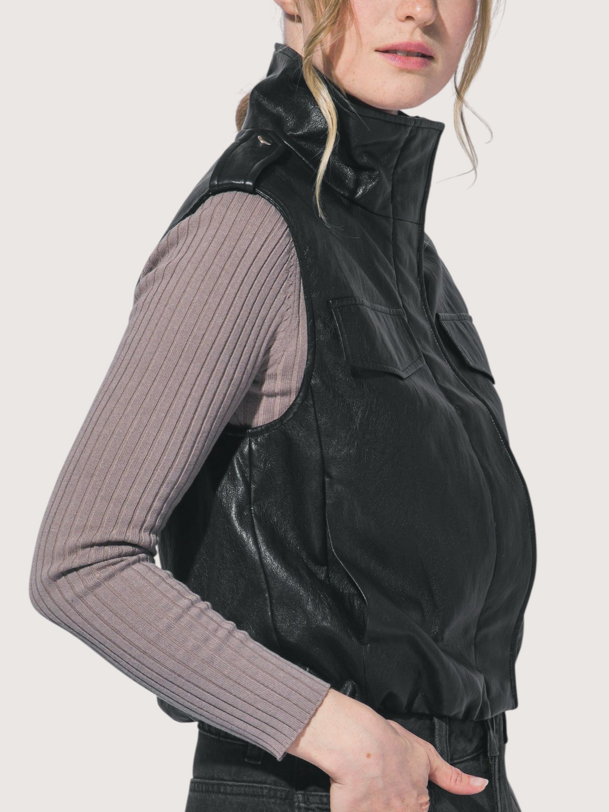 Funnel Neck Leather Vest | Black
