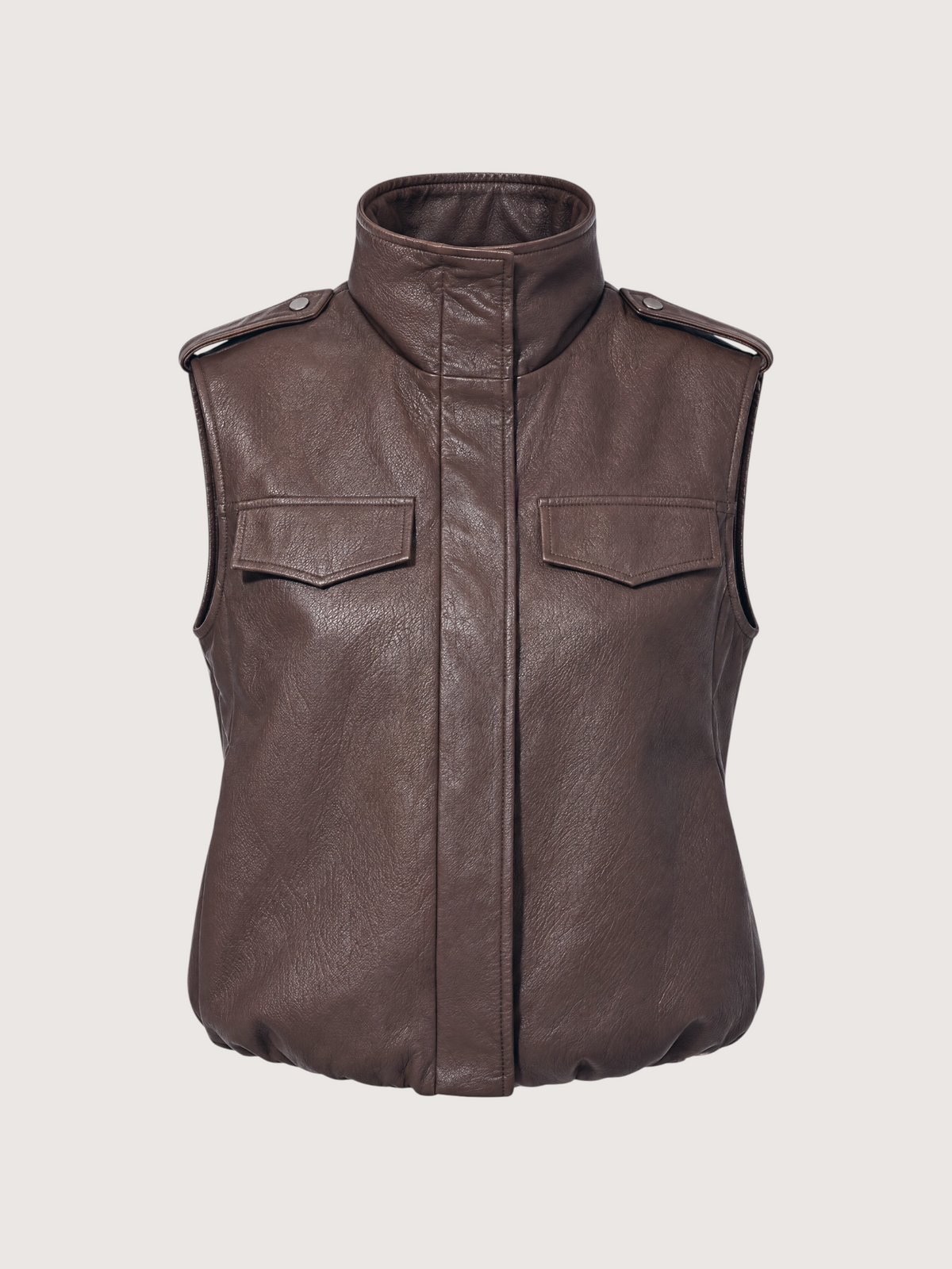 Funnel Neck Leather Vest | Brown