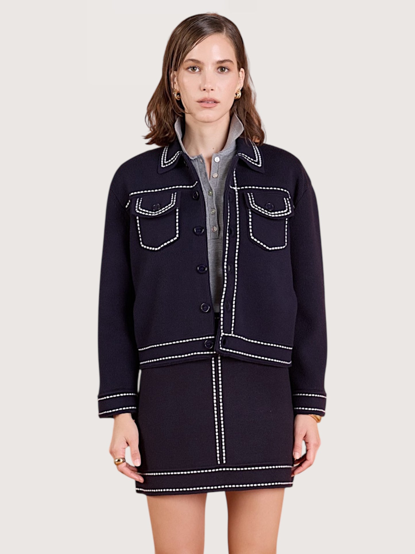 Stitch Trim Cardigan Sweater