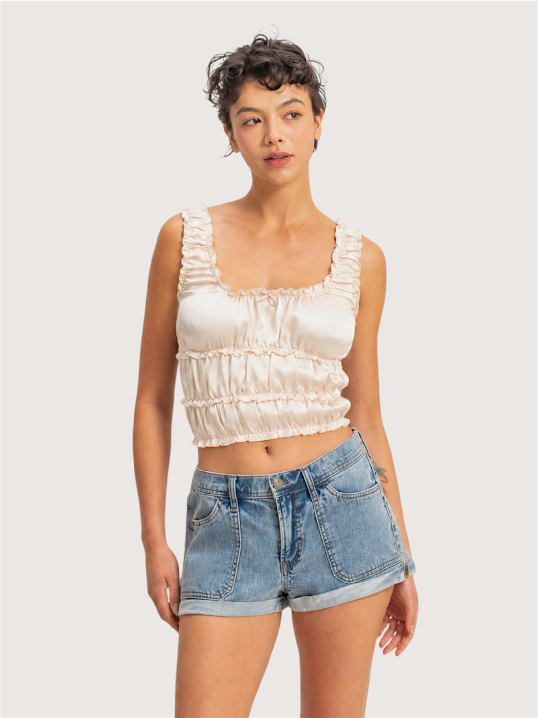 Satin Ruched Tank | Ivory