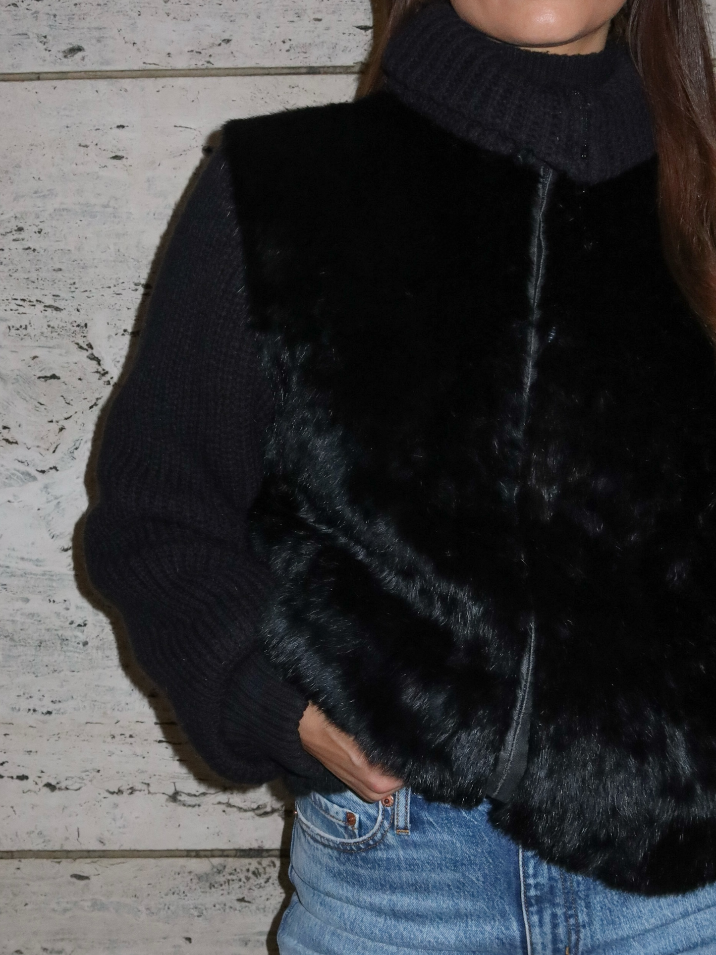 Knit Sleeve Fur Jacket