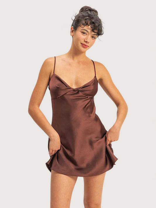 Sweetheart Satin Mini Dress | Brown