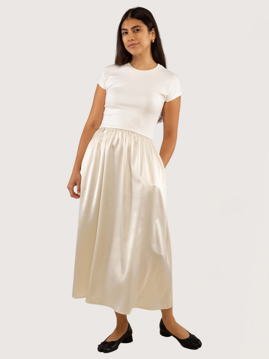 Contrast Satin Midi Dress | Ivory