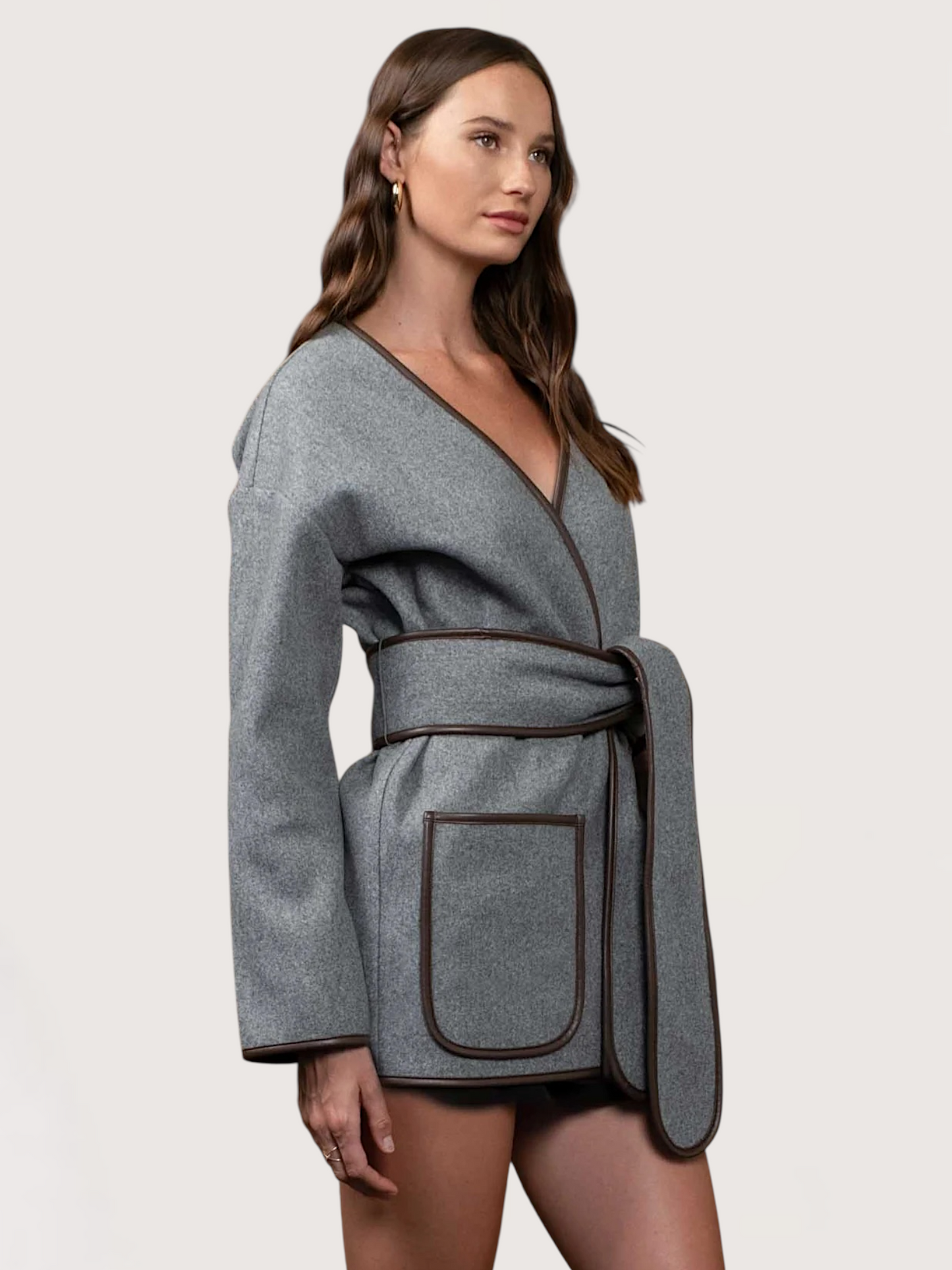 Contrast Trim Belted Coat