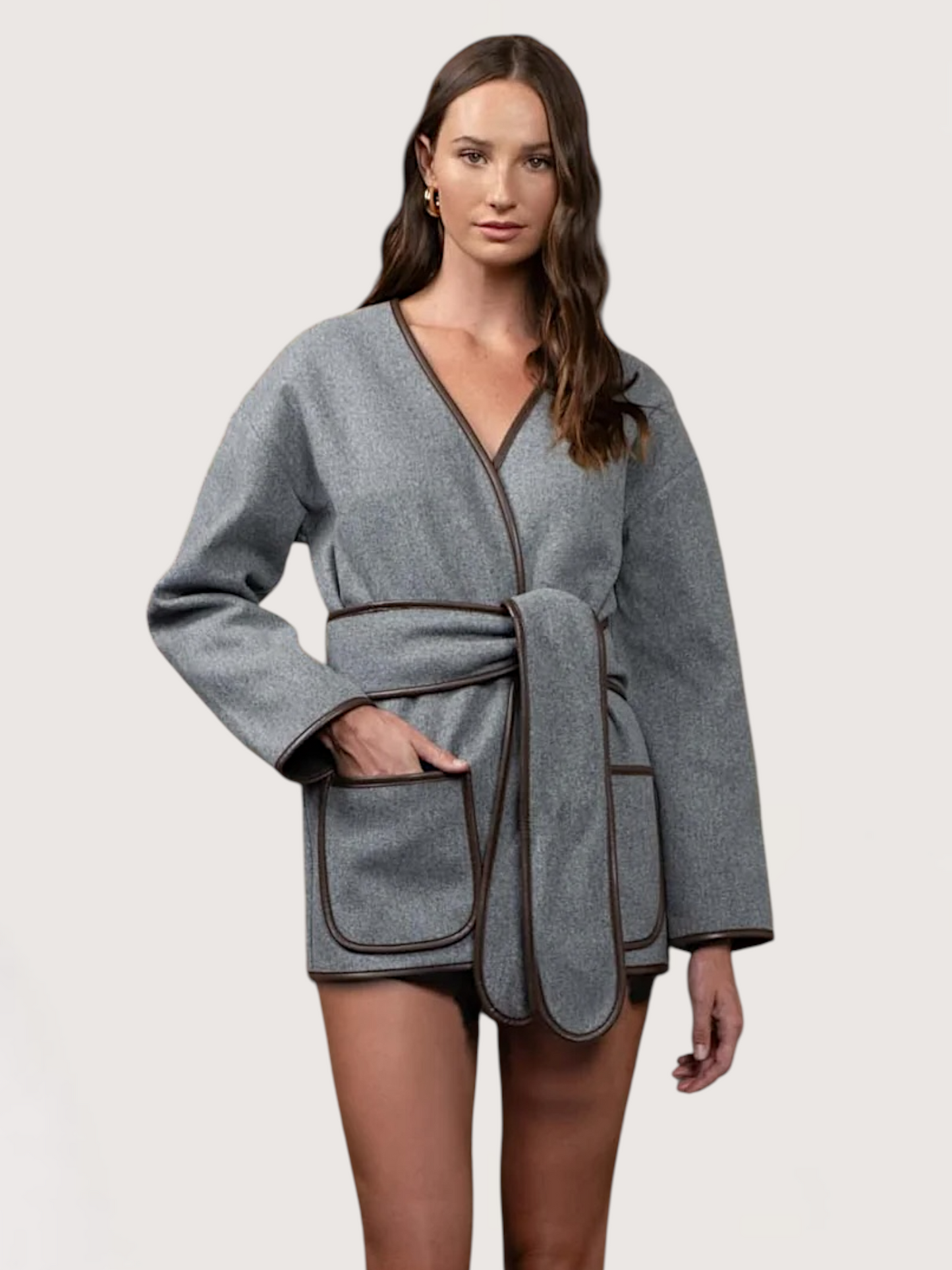 Contrast Trim Belted Coat